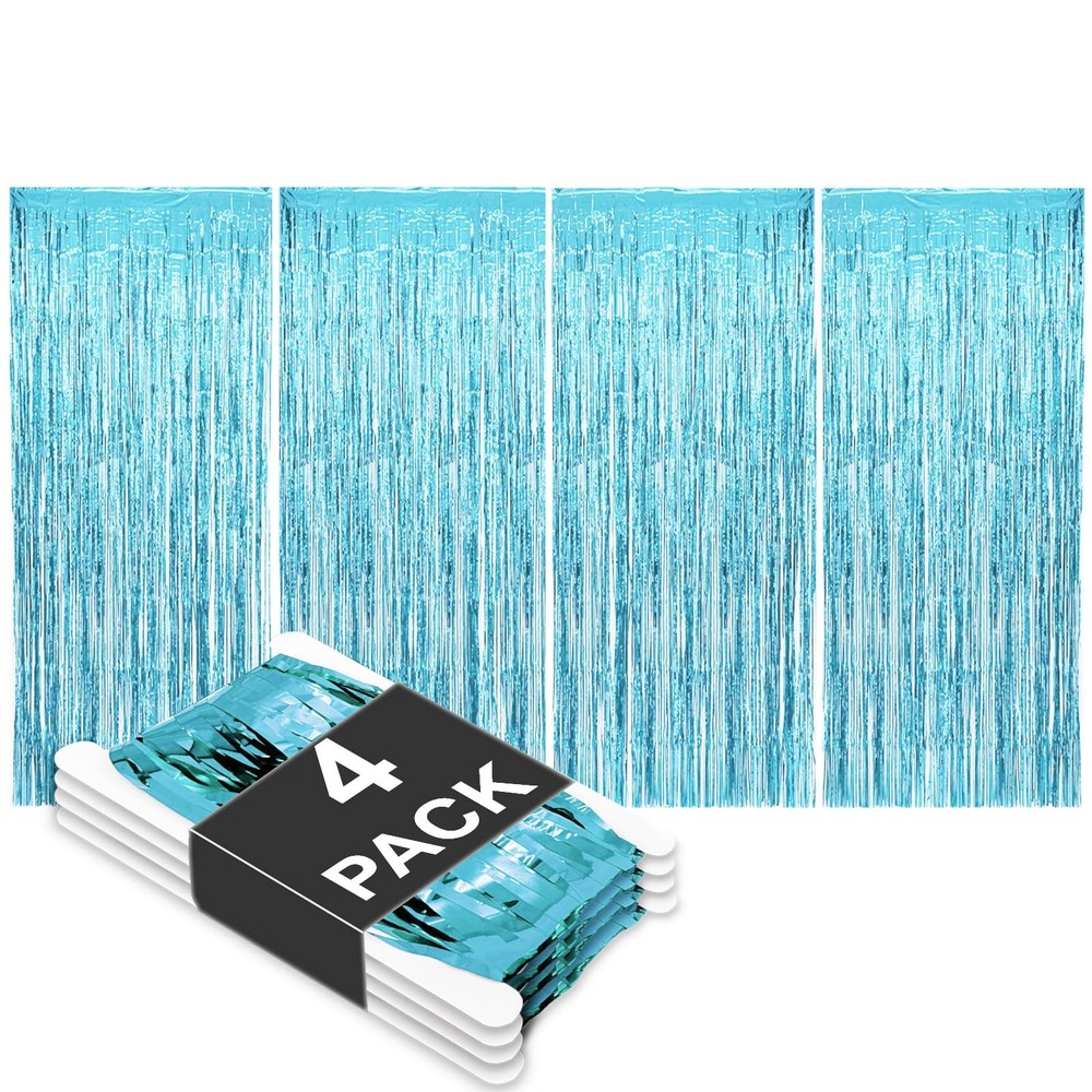 4 Pack Light Blue Metallic Tinsel Party Backdrop Curtain Fringe 3.3x8.2 FT
