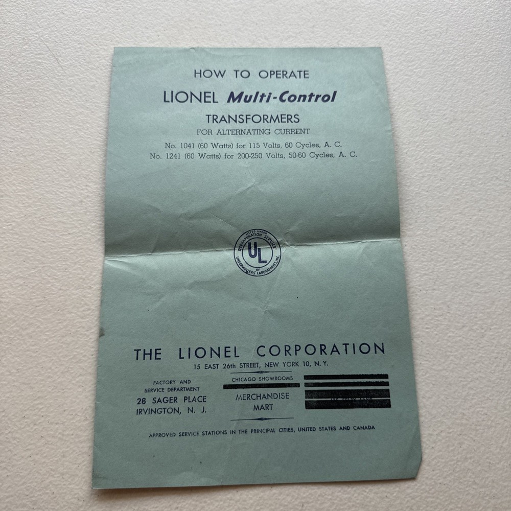 Lionel How To Operate Lionel Multi-Control Transformers Alternating Current 1946
