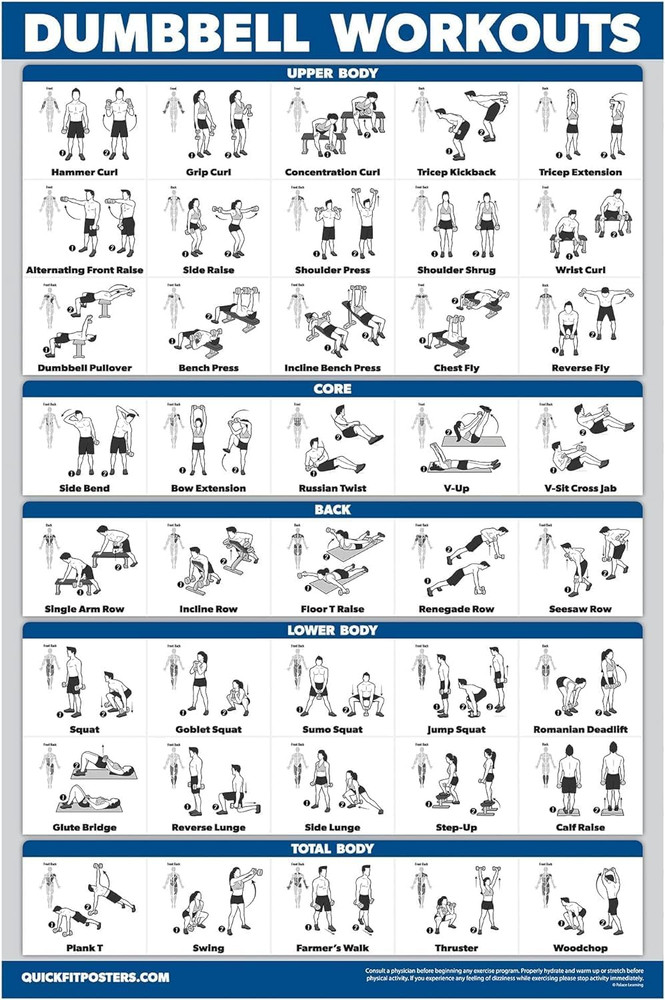 Dumbbell Workout Exercise Poster Home Gym Chart - LAMINATED, 18" X 24"