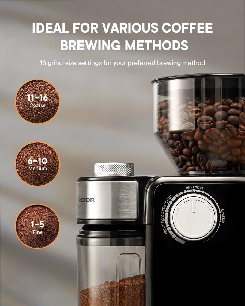 Durable Black Electric Coffee Grinder - 16 Adjustable Settings, Removable Burr