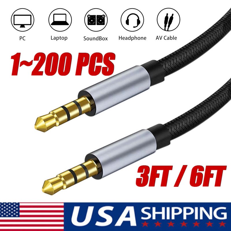 6FT 3.5mm AUX Audio Nylon Braided Cord Cable PC iPod Car Phone headphone lot