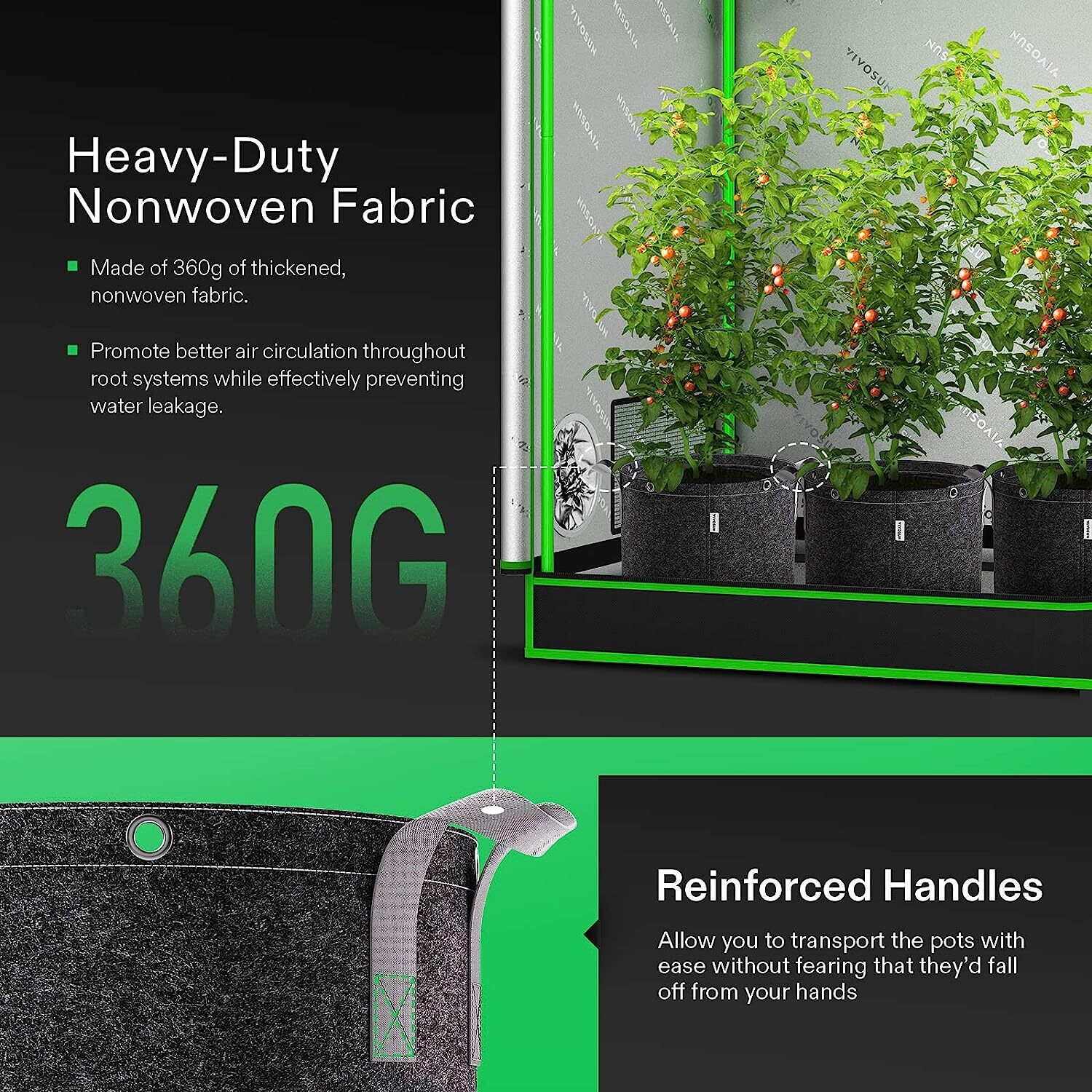 VIVOSUN 5-Pack 3/5/7/10/15/25 gallon Grow Bags, 360G Thick Nonwoven Fabric Black