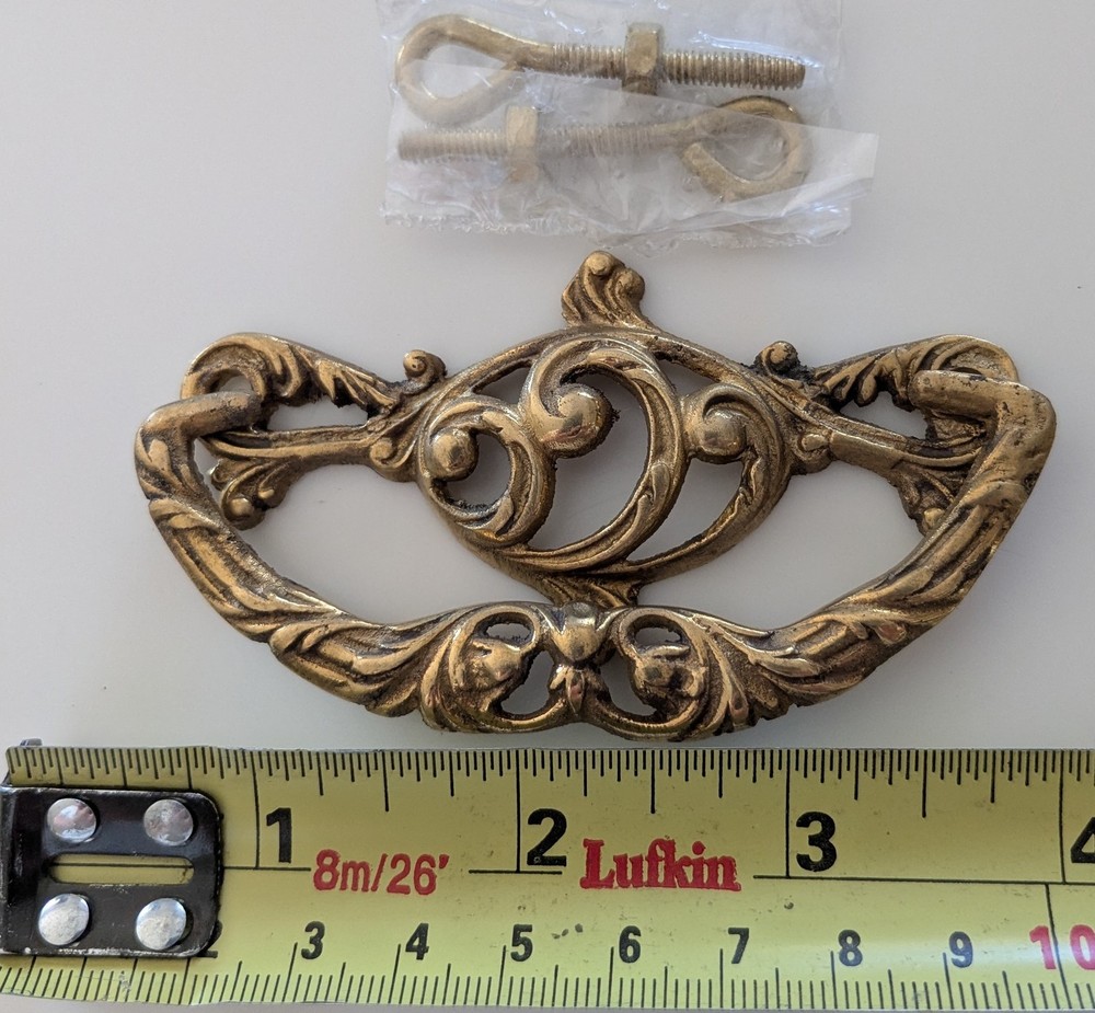 Drop Bail Drawer Pull Solid Brass w/hardware Ornate NOS 3" center 3.5"wide 1.75T
