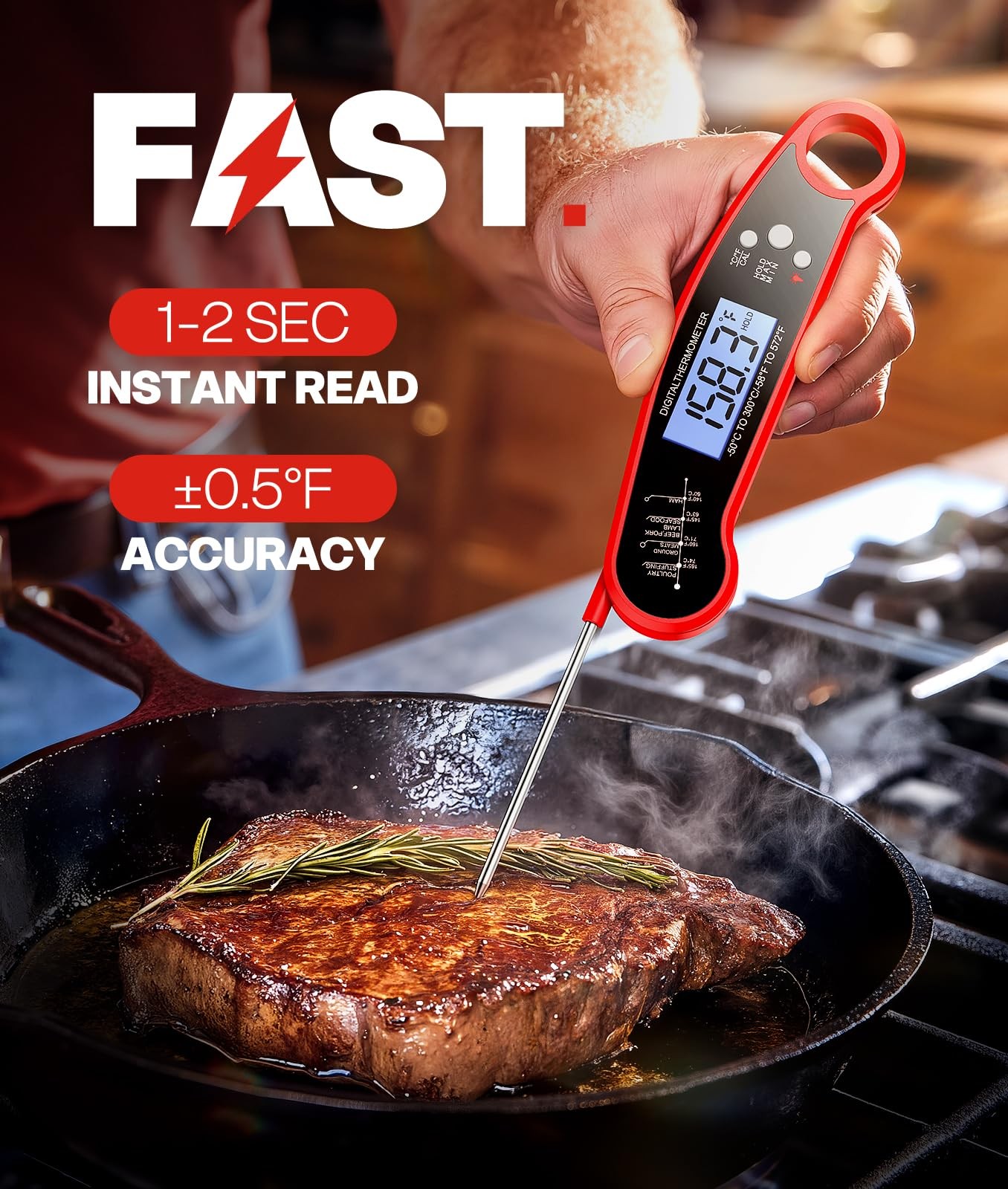 Digital Meat Thermometer Instant Read Food Probe for Cooking Grilling BBQ Red