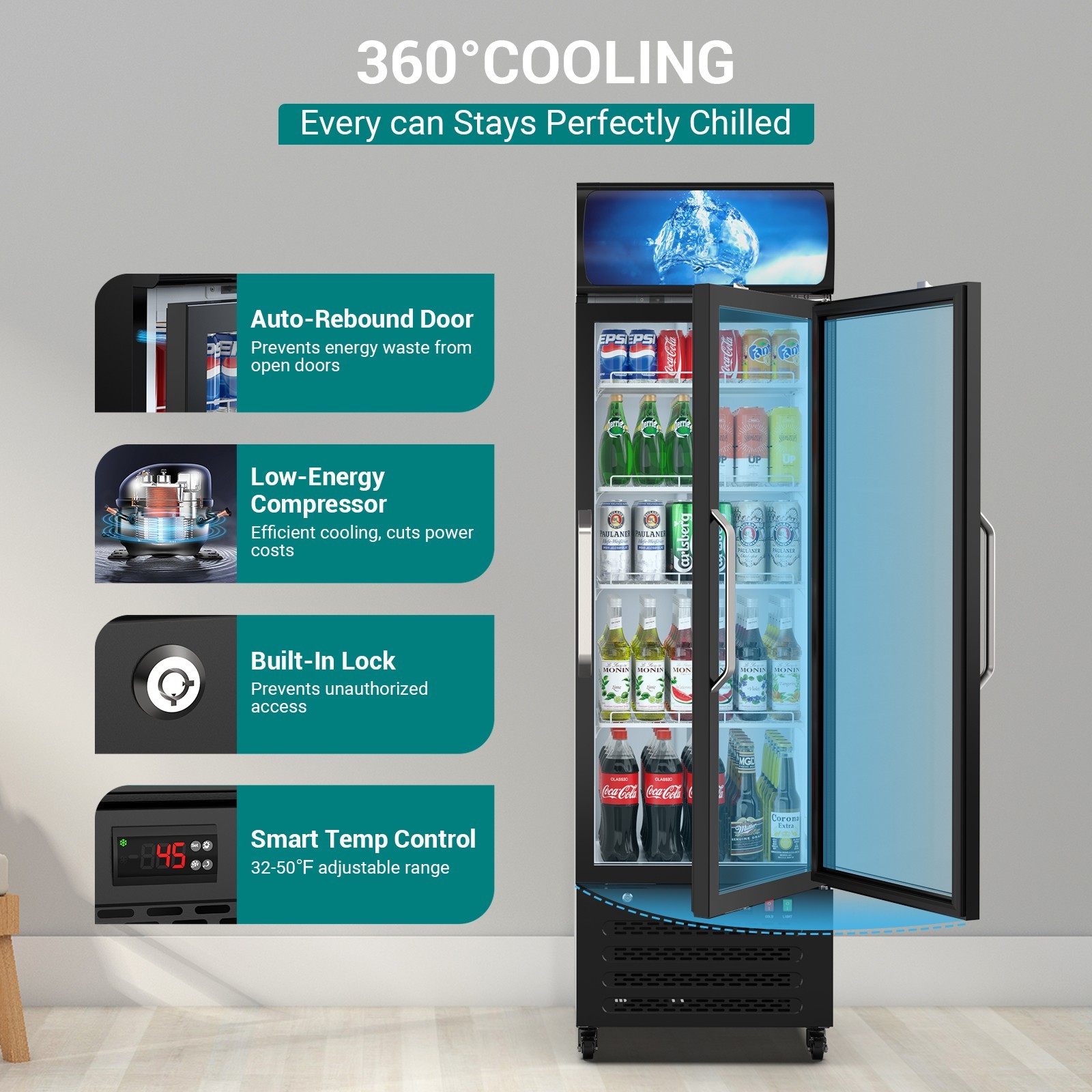 Commercial Merchandiser Refrigerator 14.8 CU.FT Glass Door Upright Beverage Frid