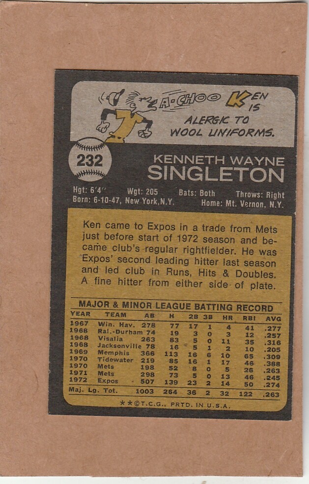1973 Topps # 232 Ken Singleton - autographed card