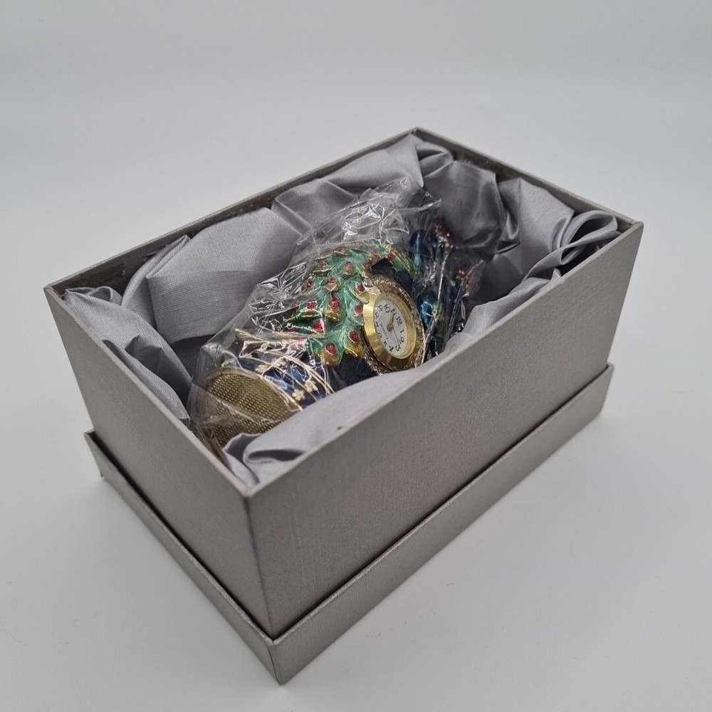 Decorative Peacock hand painted crystal clock and keepsake trinket box