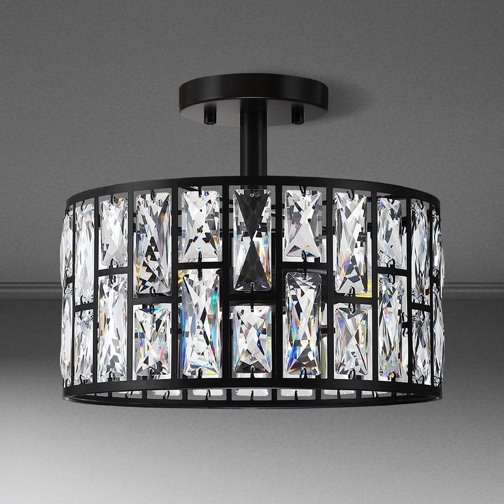 3 Light 12" Crystal Hanging Kitchen Island Ceiling Light Black Finish,Concise...