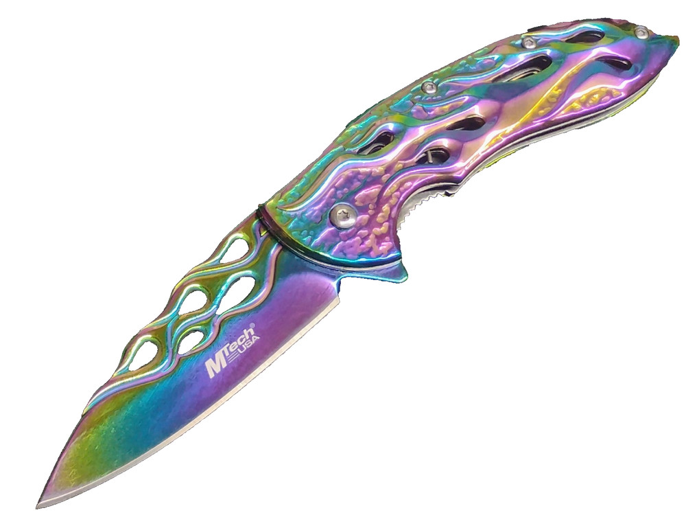 MTECH Assisted Opening Pocket Knife Rainbow Flame Cutout Fire Pattern Blade EDC