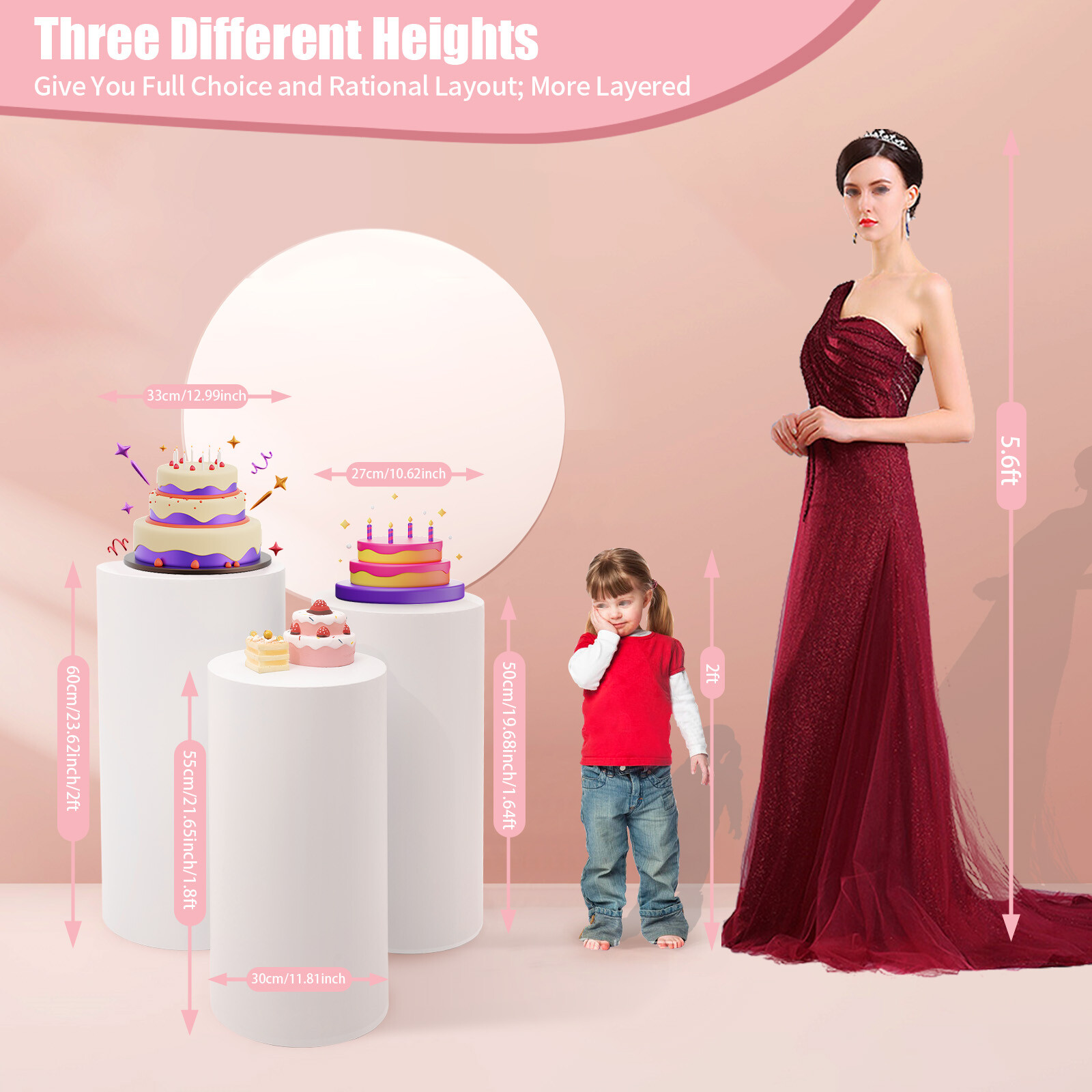 3 Pcs Round Cylinder Pedestal Stand For Wedding Party Display Stand Decor White