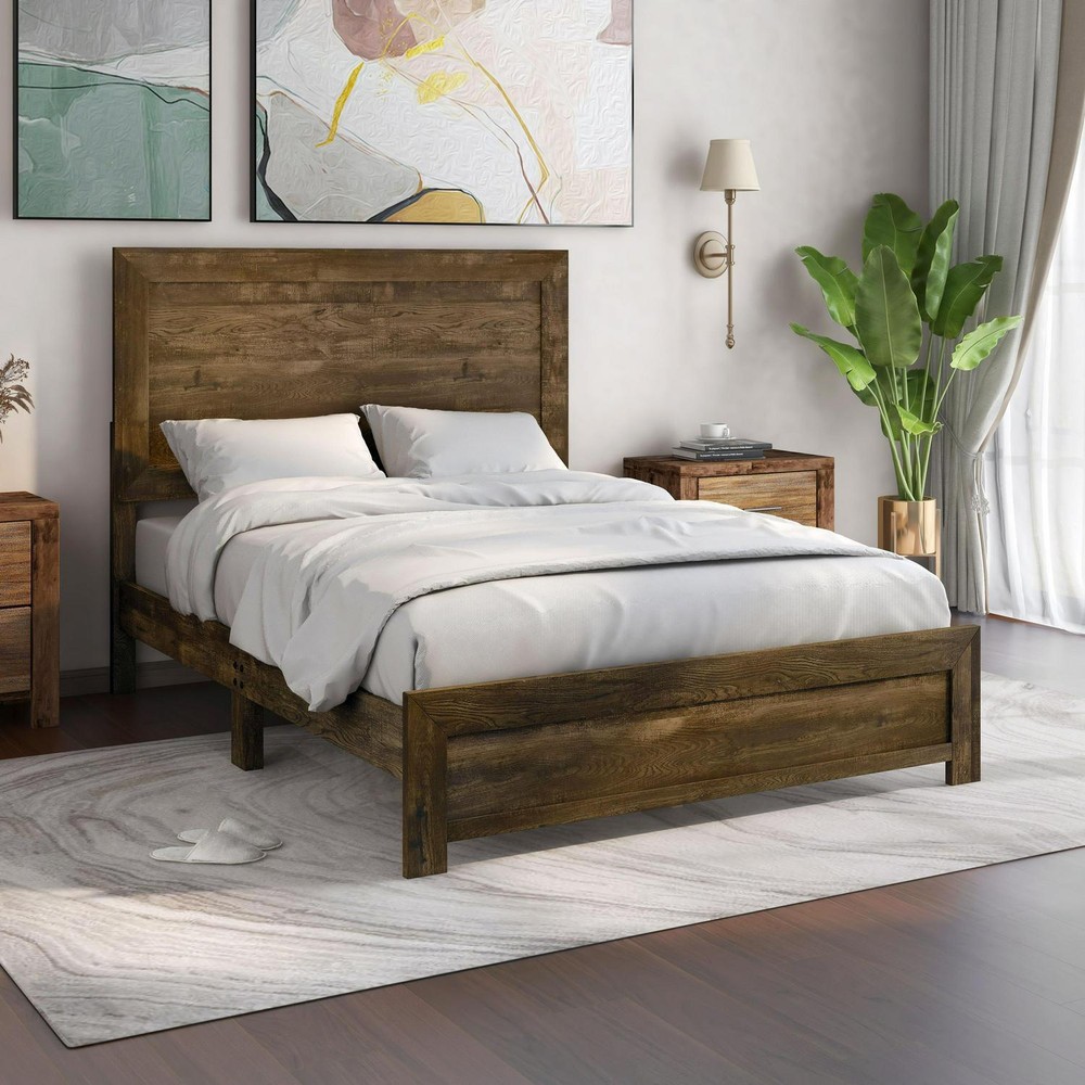 Bed - Walnut Finish Solid Wood Panel Platform Bed - QUEEN