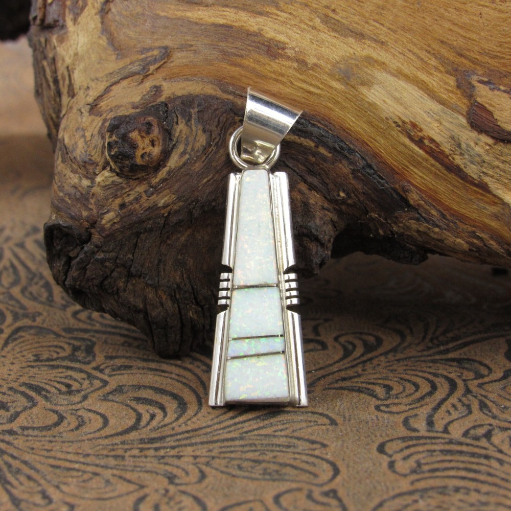 *Simple White Lab Created Opal Sterling Silver Inlay Pendant