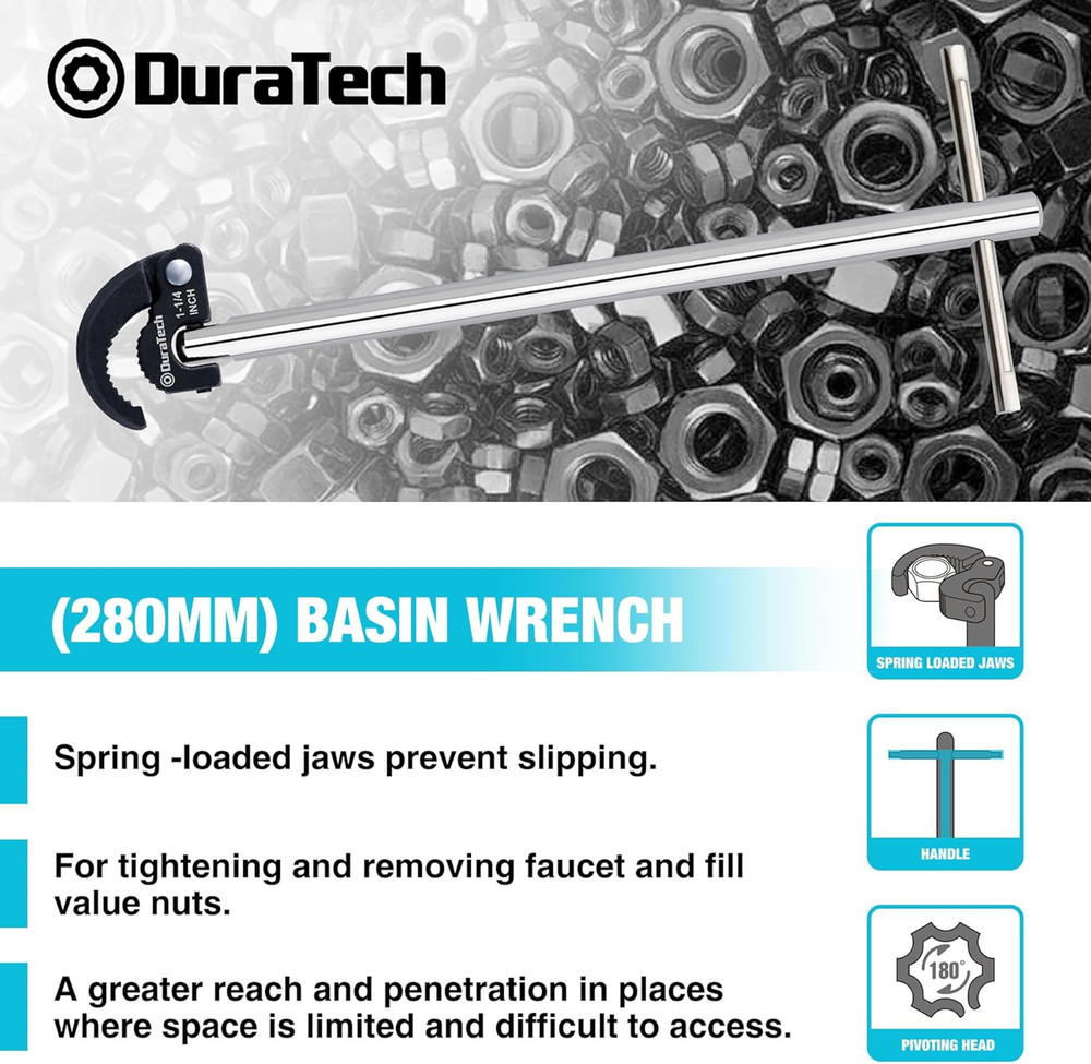 DURATECH 11" Basin Wrench, Sink Wrench, Adjustable Tap Nut Spanner Basin Spanner