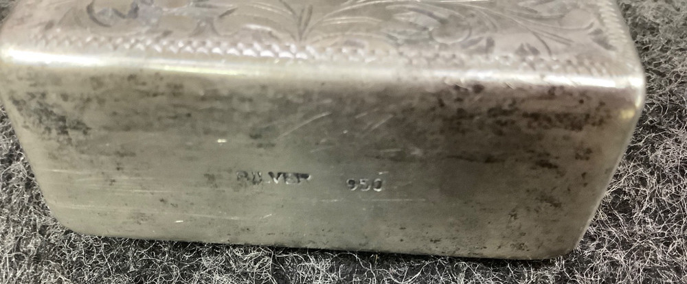 CIGARETTE CASE, ANTIQUE 950 SILVER CARVED/ENGRAVED CASE, (PUSH BUTTON OPENING)