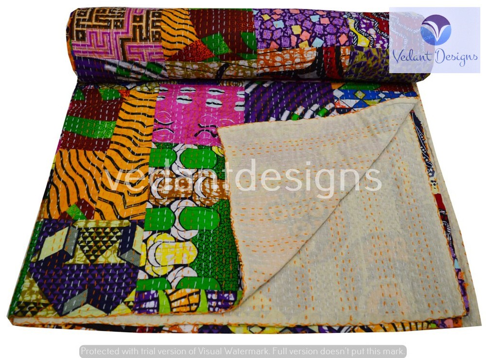 Handmade Patchwork Kantha Embroidery Queen Blanket Throw Indian Bedspread