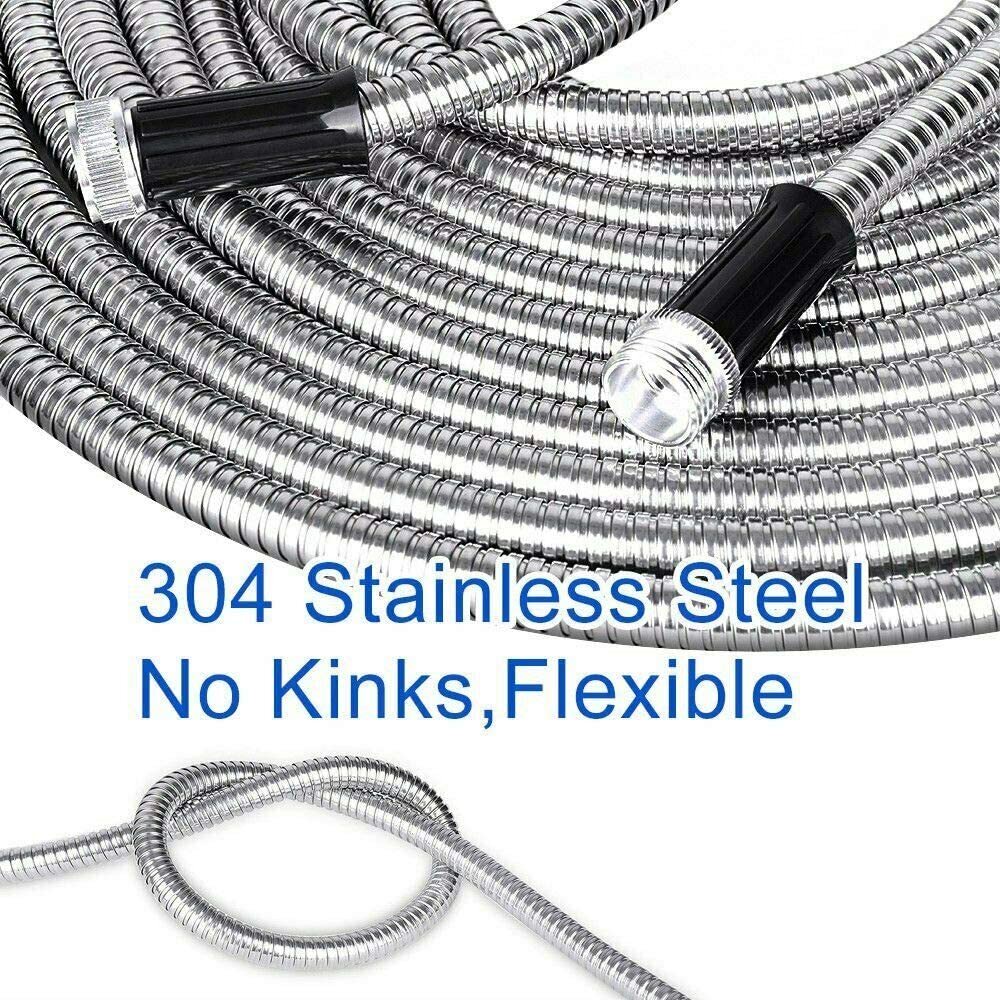 25/50/75/100FT 304 Stainless Steel Metal Garden Water Hose Flexible Patio Home