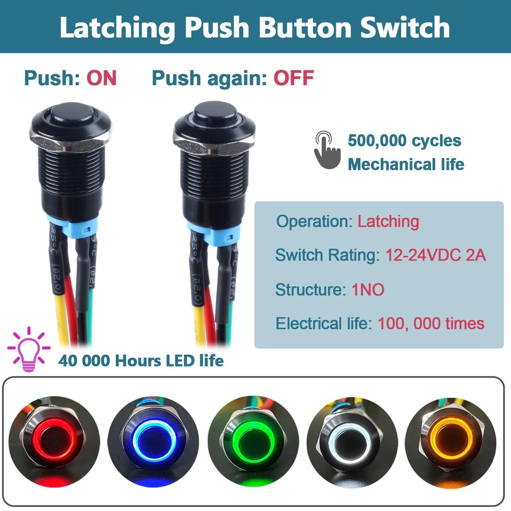 5Pcs 12mm Latching led Push Button Switch Black Shell with Shell, Red