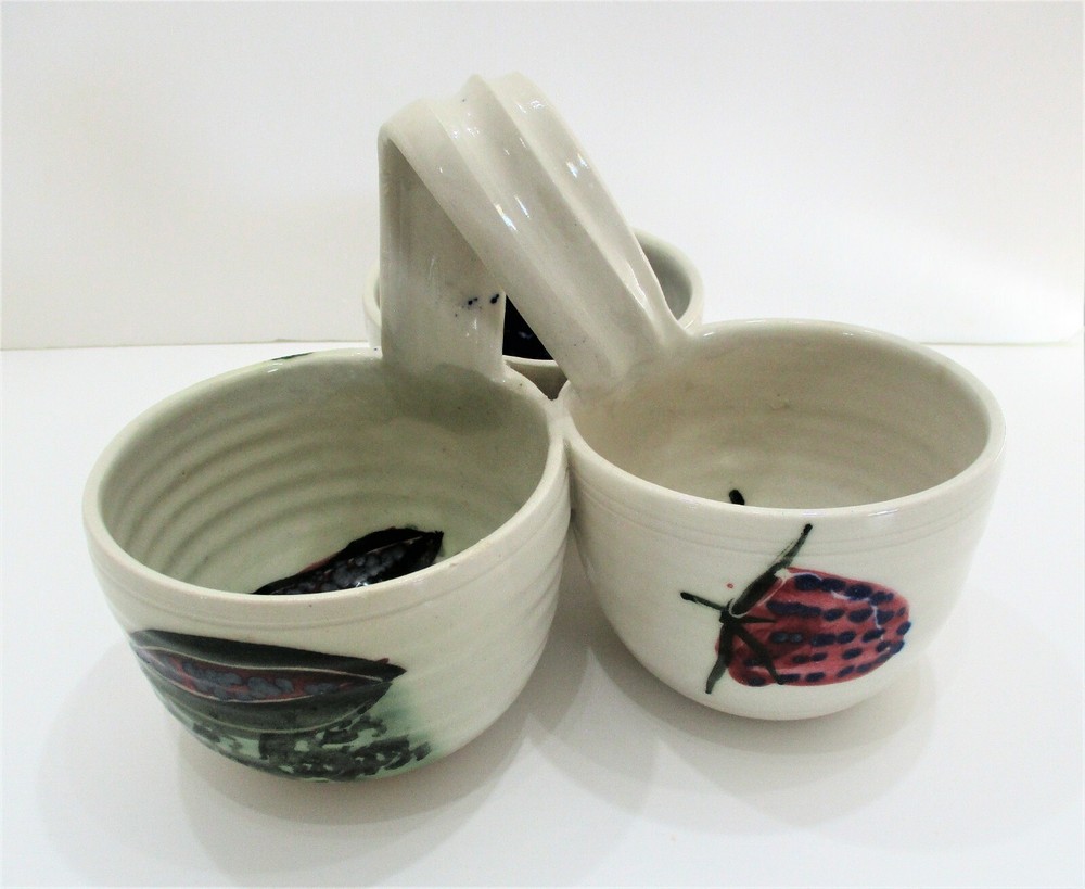 Pottery Condiment Dish Server 3 Section Artisan Made Hand Painted Fruit Signed