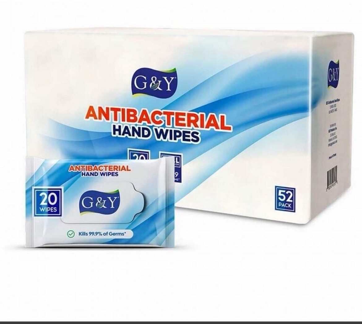 G & Y Antibacterial Hand Wipes 1 Case =  20 In Pack /52 Packs= 1040 Wipes Total