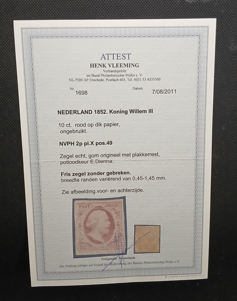 Netherlands 1852 Scott #2 Mint Cert