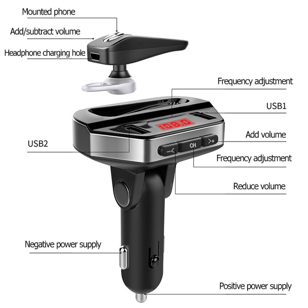 Bluetooth 5.0 Headset Trucker Earpiece Headphones FM Transmitter Radio Adapter
