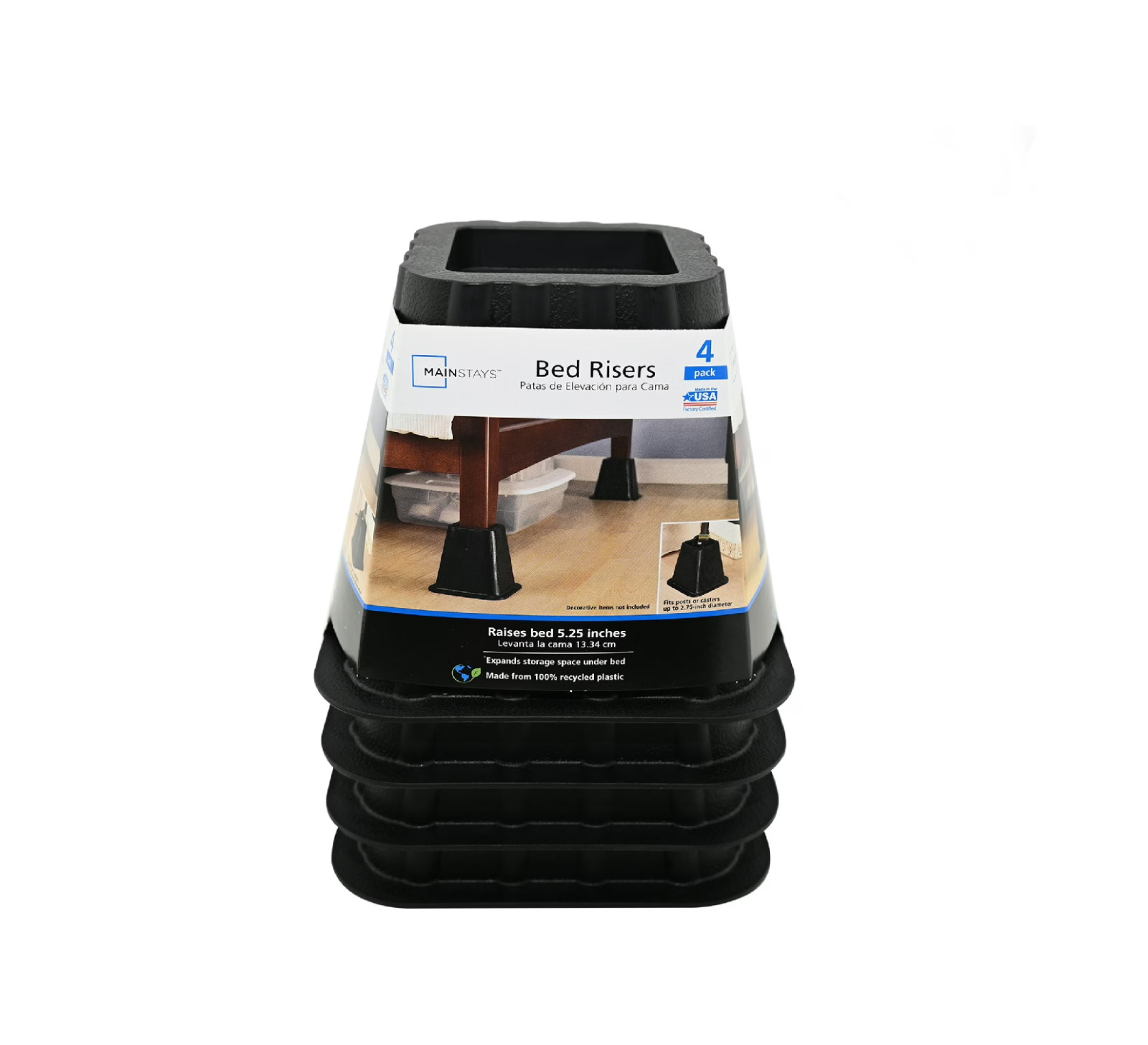 Mainstays Black Plastic Bed Risers, 6.50 in x 6.50 in x 6 in 4 Pack.