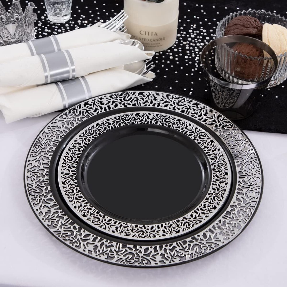 210PCS Silver Plate, Disposable with Plastic Silverware and Silver Cups
