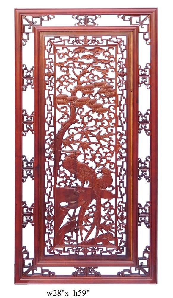 Chinese Oriental Rectangular Vertical Birds Wood Wall Panel cs1362-2