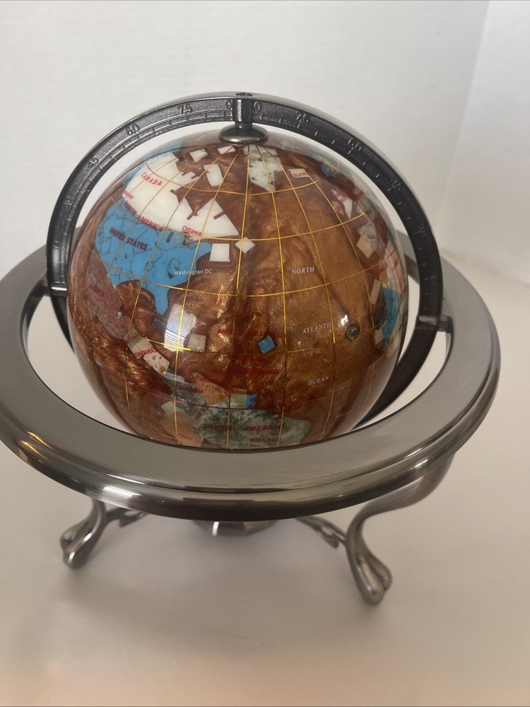 Gemstone World Globe Silver Tripod Stand Compass Manually Rotates 10” Tall