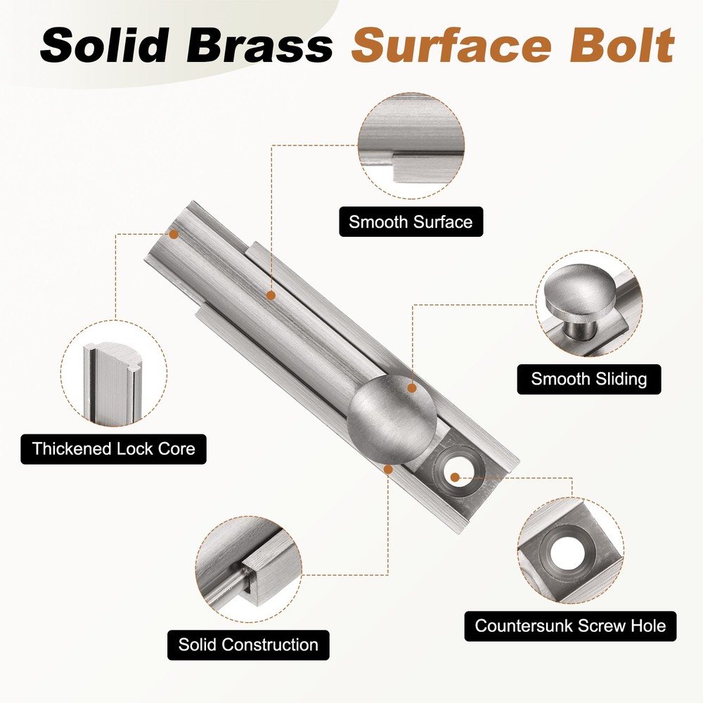 2" Solid Brass Surface Bolt, Brushed Slide Latch Door Lock, Silver