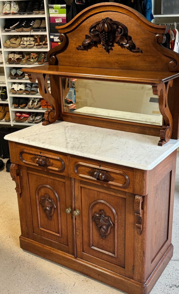 Antique Victorian Walnut Marble Sideboard Buffet Server Huntboard Renaissance