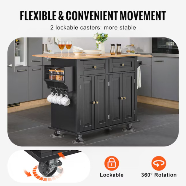 VEVOR 43-inch Rolling Kitchen Island Cart with Drop Leaf