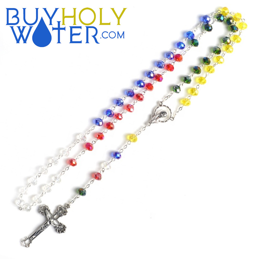 Blessed Unity Rainbow Crystal Rosary Beads Religious Necklace Crucifix Jesus•