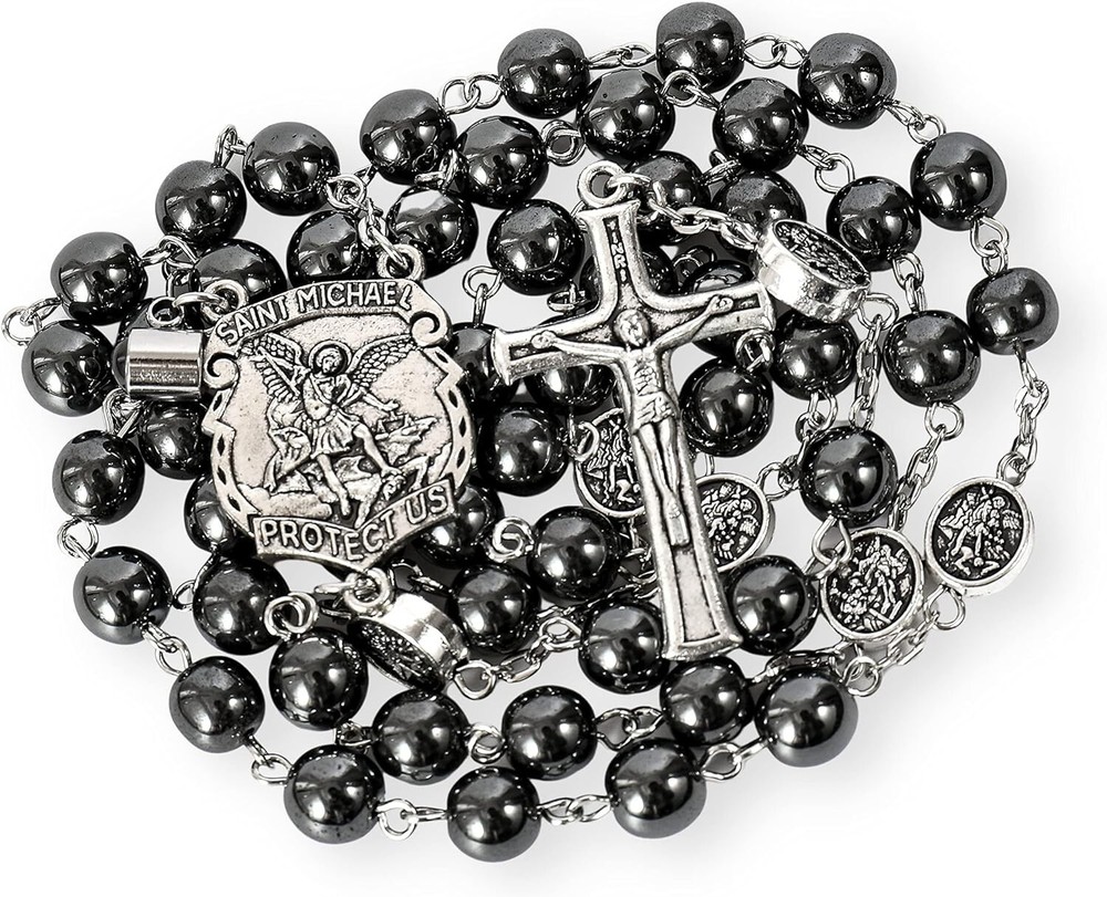 Hematite Black Stone Beads Rosary Necklace with St Michael Centerpiece, Crucifix