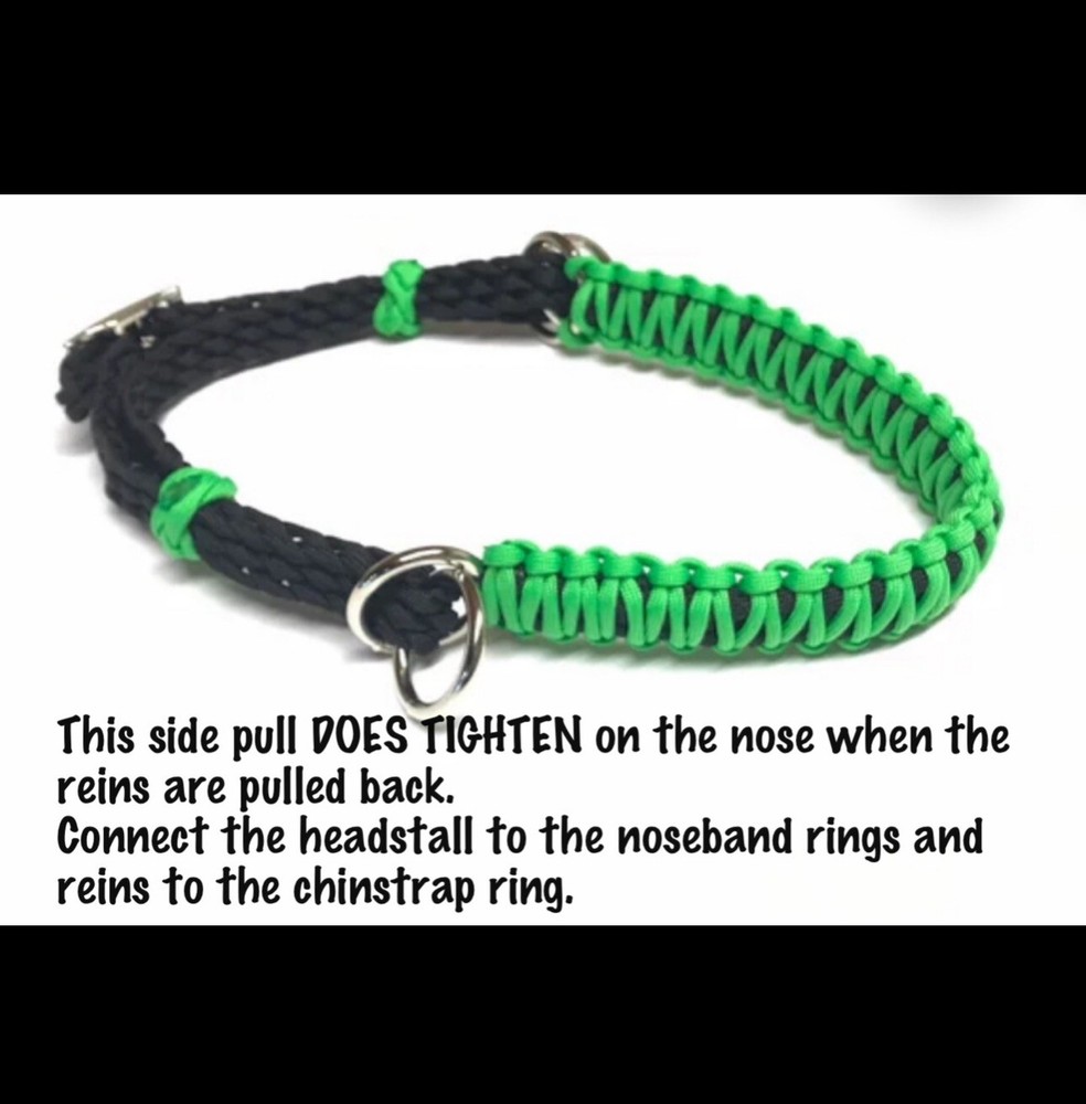 side pull hackamore attachment with a whoa neon green and brown...mini to draft