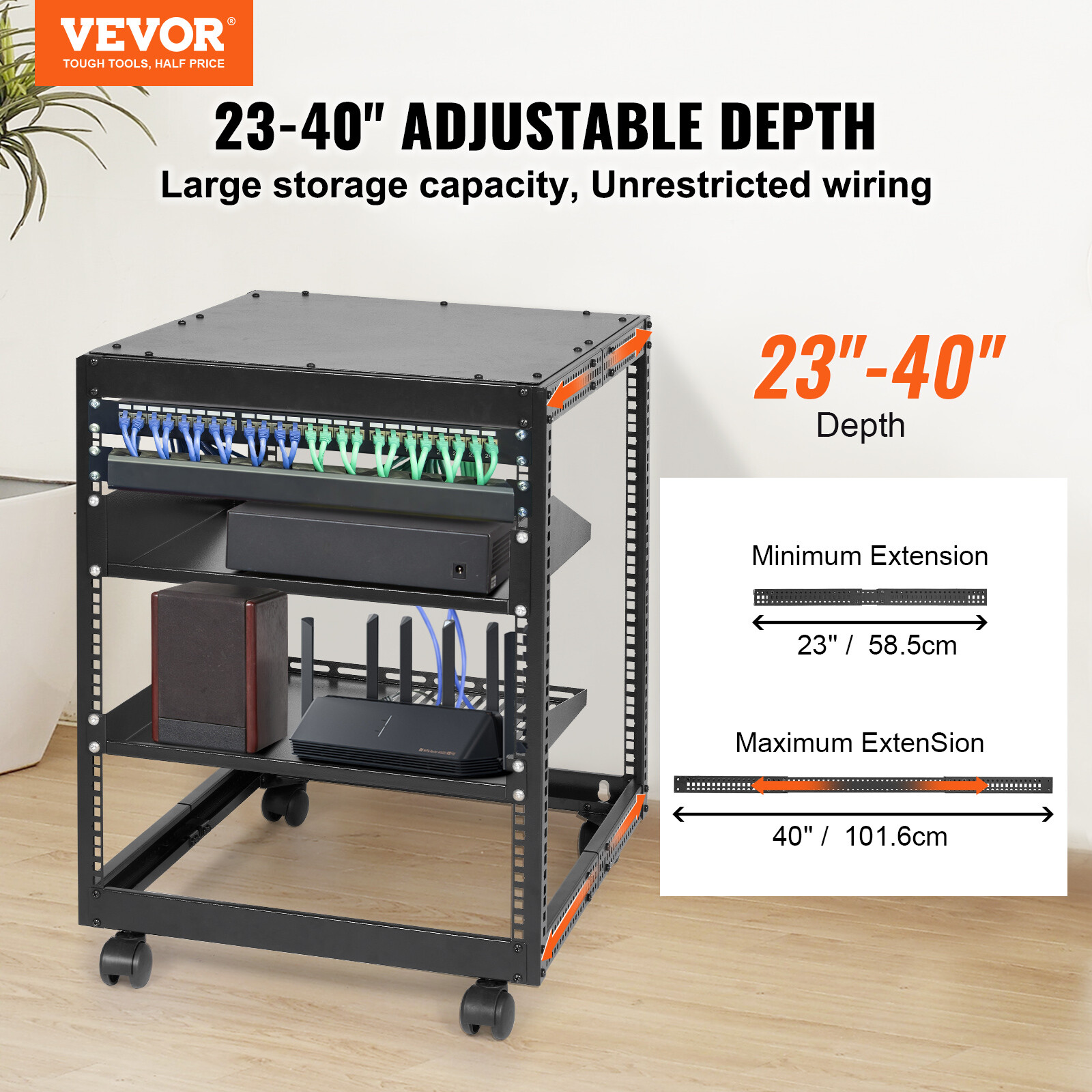 VEVOR 12U 4 Post Open Frame Server Rack Network Enclosure 23''-40'' Adjustable
