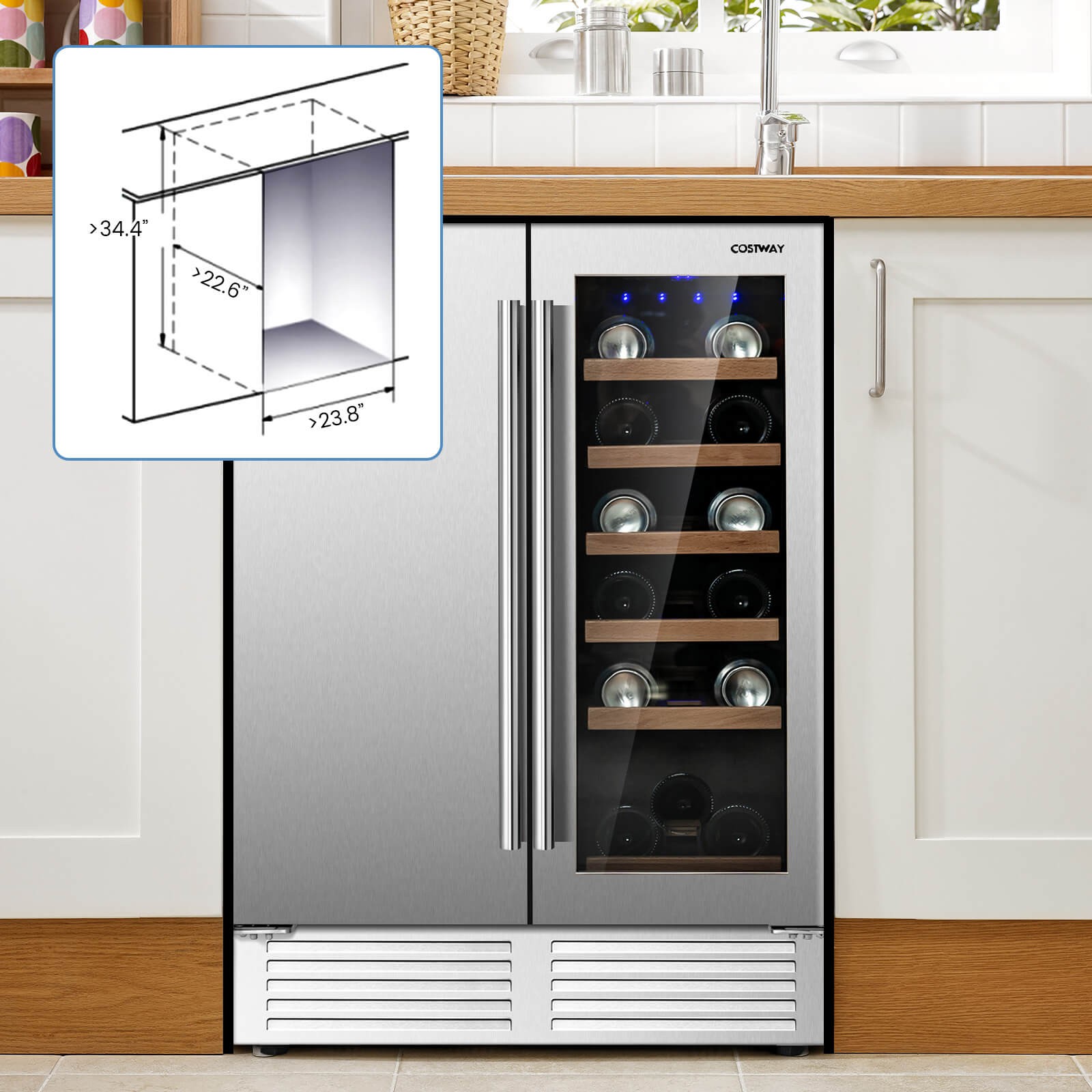 2-in-1 Beverage and Wine Cooler Free-standing & Built-in Dual Zones Wine Fridge
