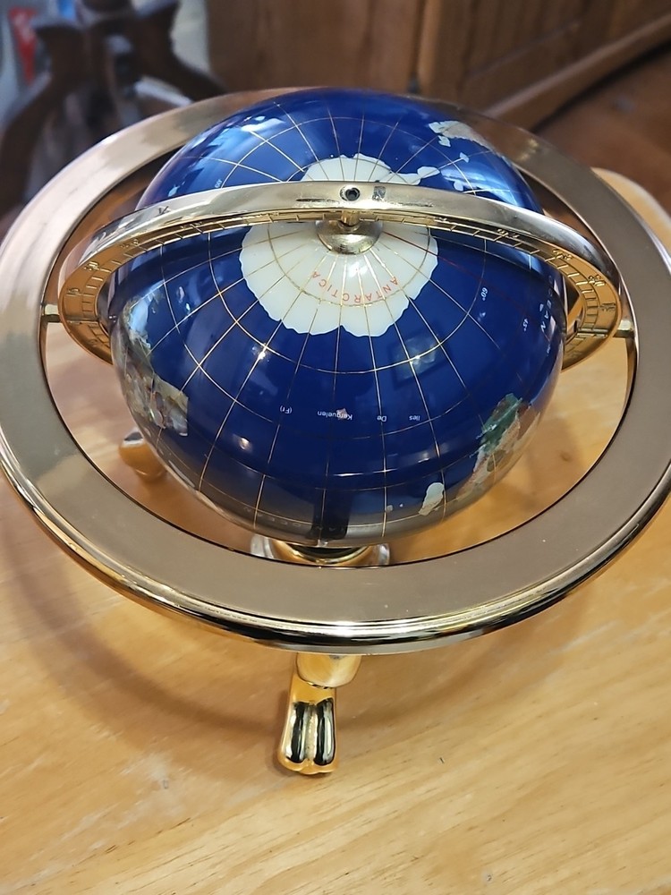 Large Blue Lapis & Semi-Precious Gemstone Table Globe on Rotating Brass Stand.