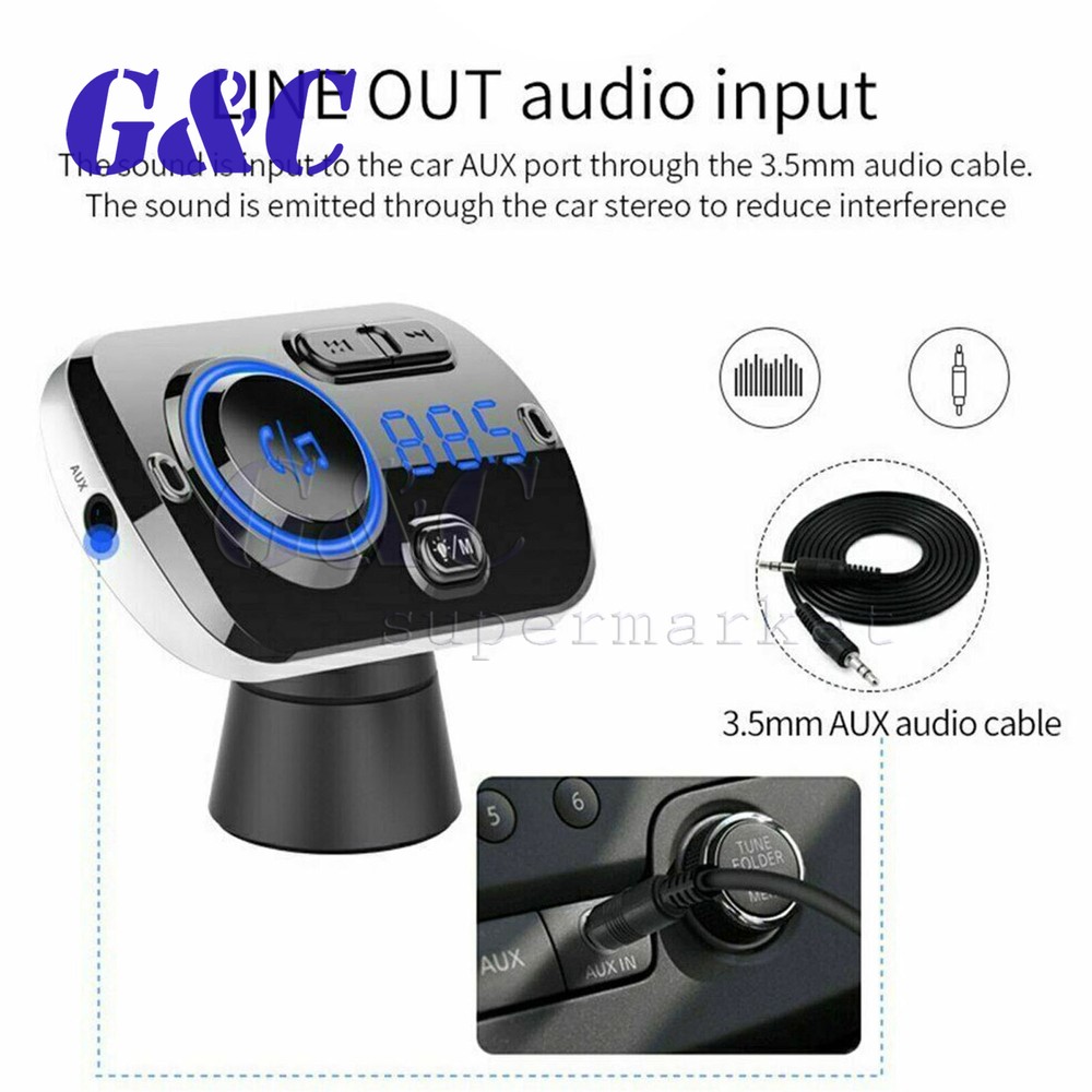Bluetooth 5.0 Handsfree Car Kit FM Transmitter MP3 Player & USB Fast Charger AUX