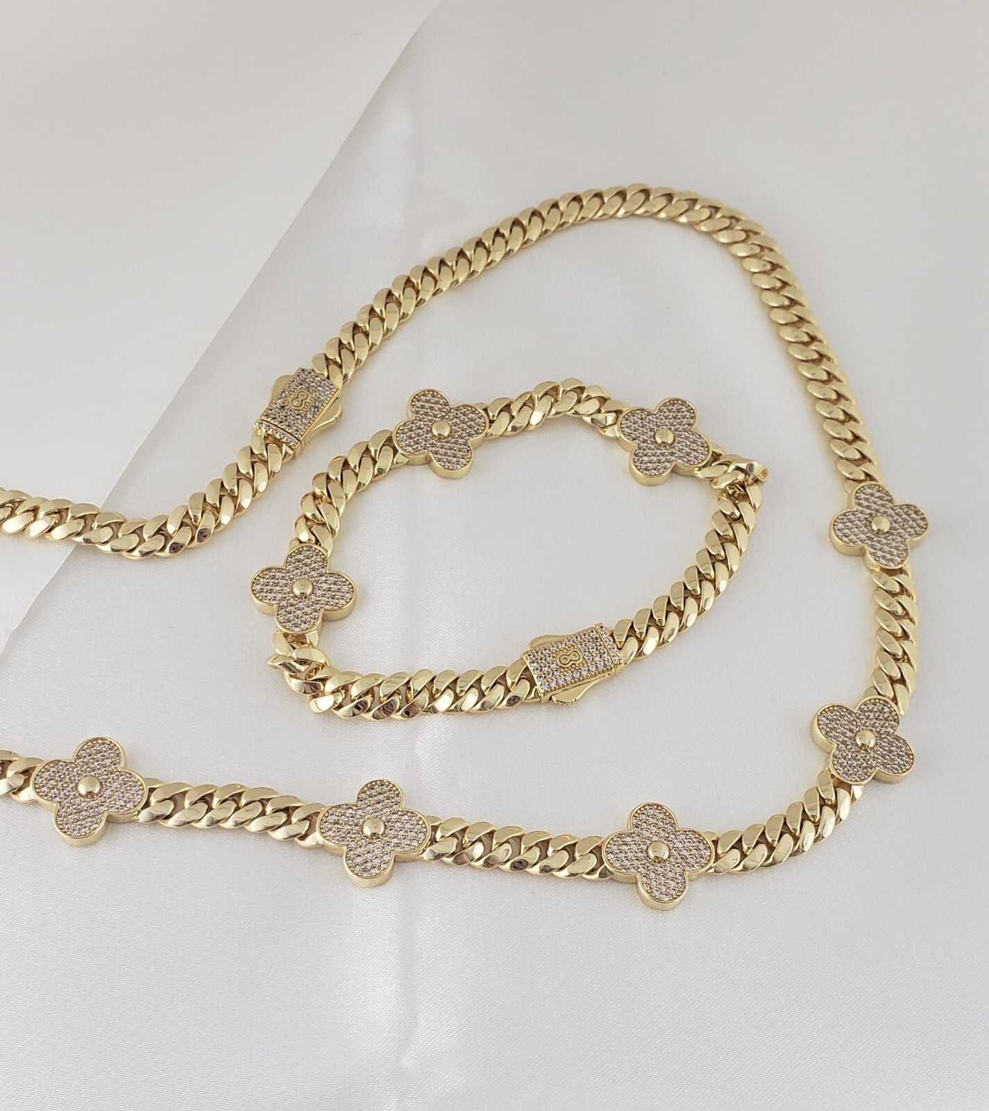 14K Gold Plated CZ Clover Flower Cuban Choker Necklace Set