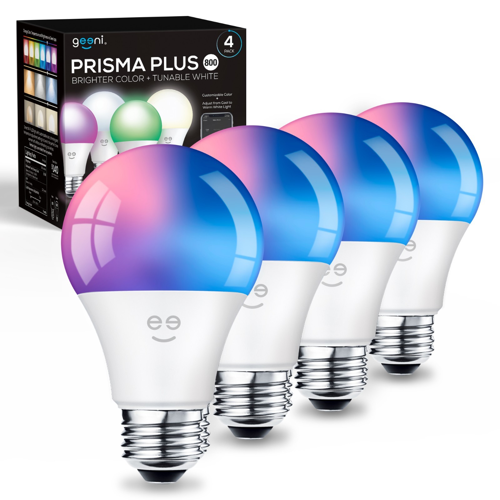 Geeni A19 Smart LED Bulbs 4-Pack | Alexa Google, Color + White Wi-Fi