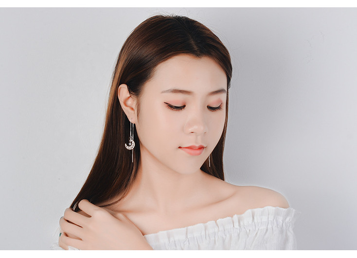 Silver Plated Crescent Moon Star CZ Ear Thread Through Threader Pull Earrings P1