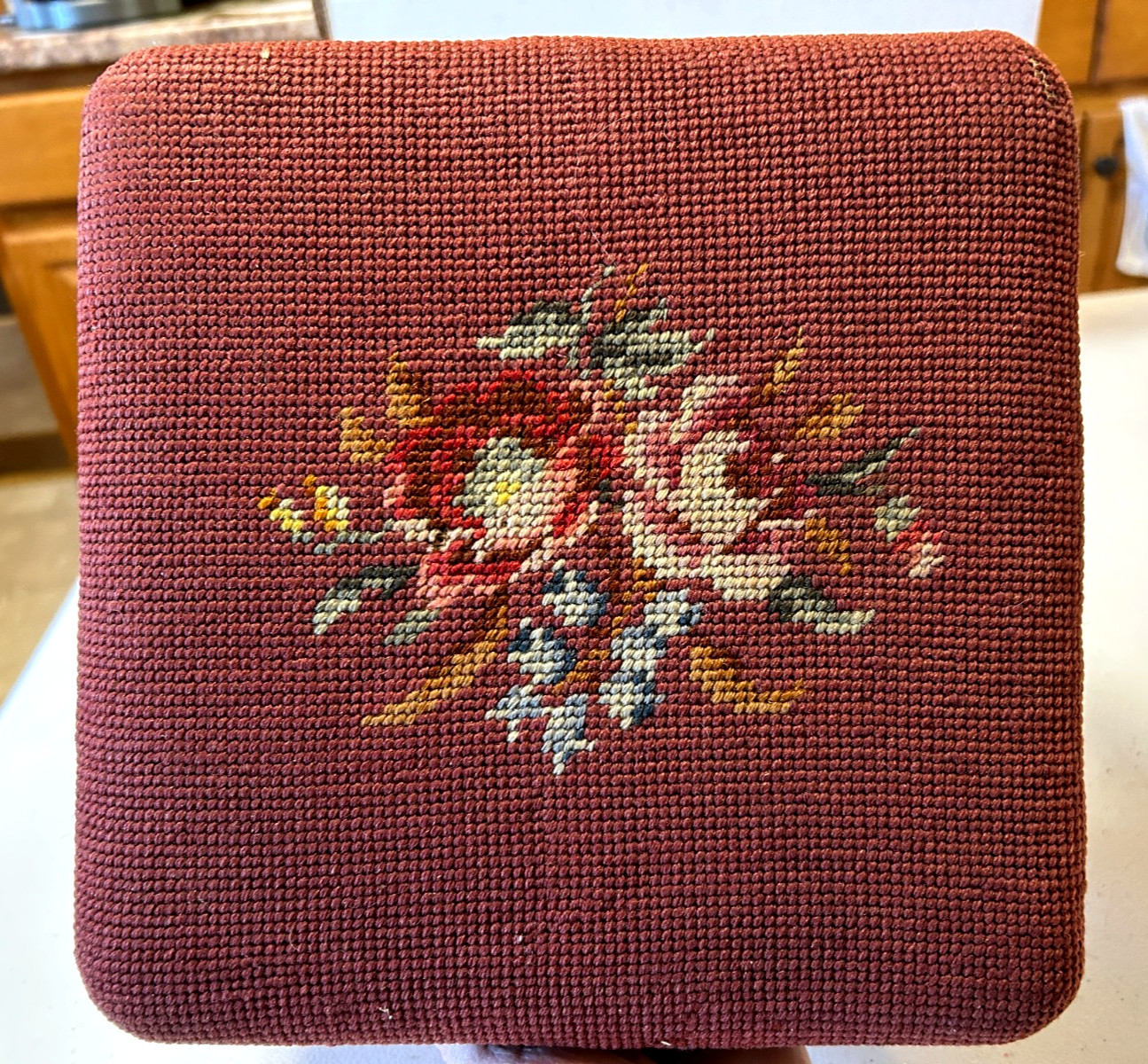 Vintage Footstool Floral Needlepoint Upholstery Victorian Coquette Leg Pad Feet
