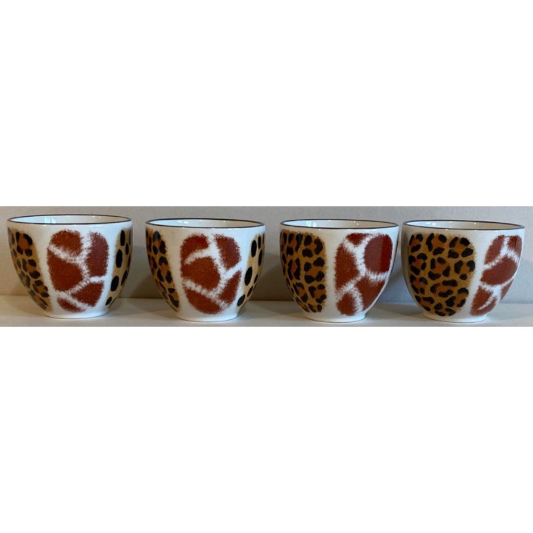 4 Hand Painted African Ceramic Teacups & Saucers Leopard, Giraffe, Zebra Rustic