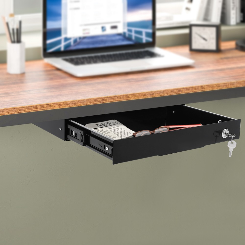 Lockable Compact Under Desk Sliding Drawer Black Metal Pull Out Storage Box
