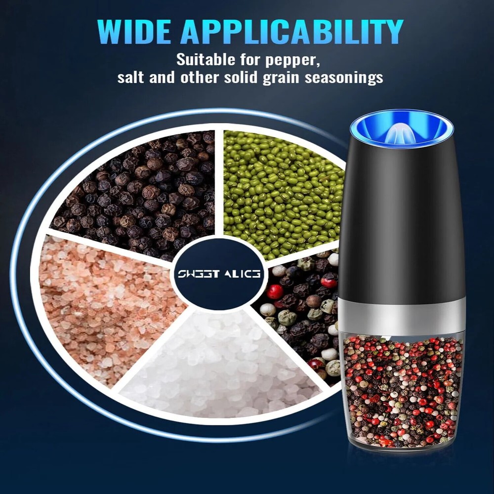 2 Pack Gravity Electric Salt and Pepper Grinder Mill Shaker Adjustable Automatic