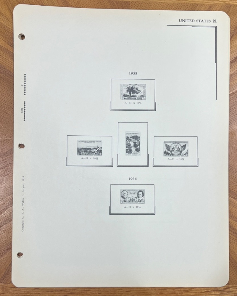 VINTAGE SARGENT LOOSE LEAF STAMP ALBUM PAGES #104 US COMMEMORATIVES, 1935-38+