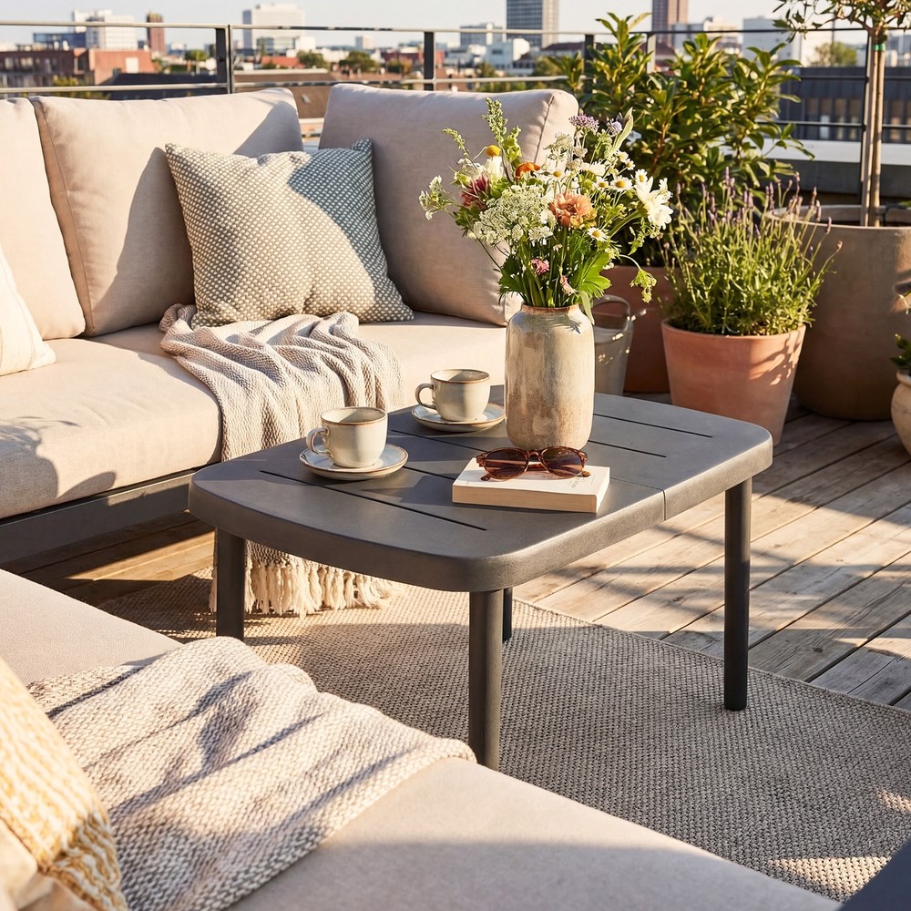 Outdoor Coffee Table, Rectangular Patio Storage Table with Aluminum Alloy Rods