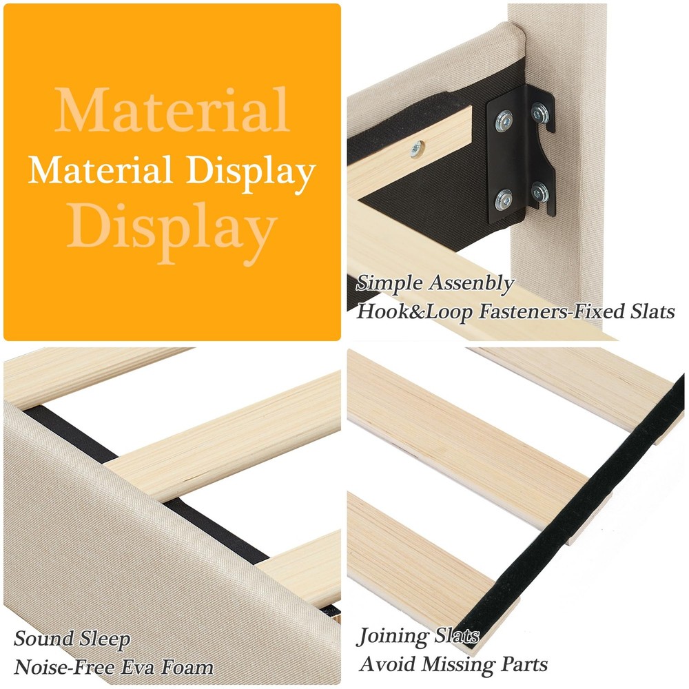 Vecelo Queen Platform Bed Frame - Beige Upholstered Headboard