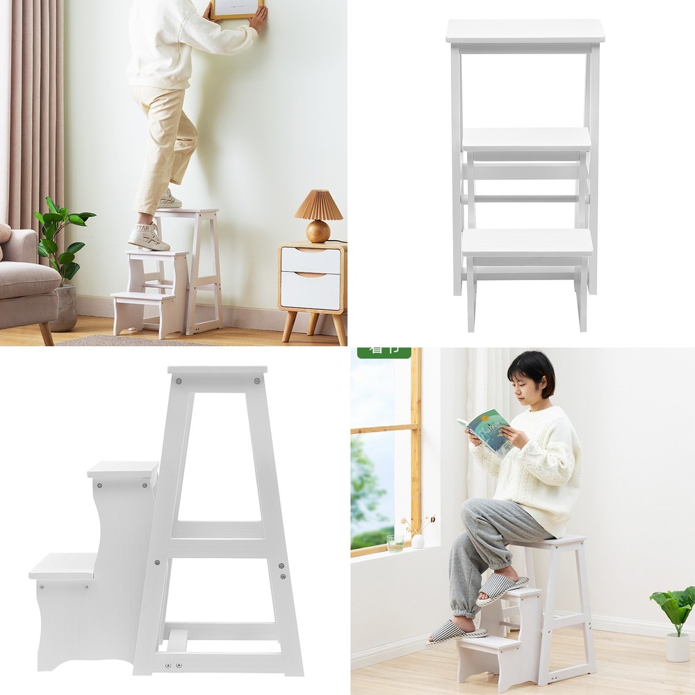 Folding Solid Wood Library Ladder Chair, Portable Multi-Functional Stool